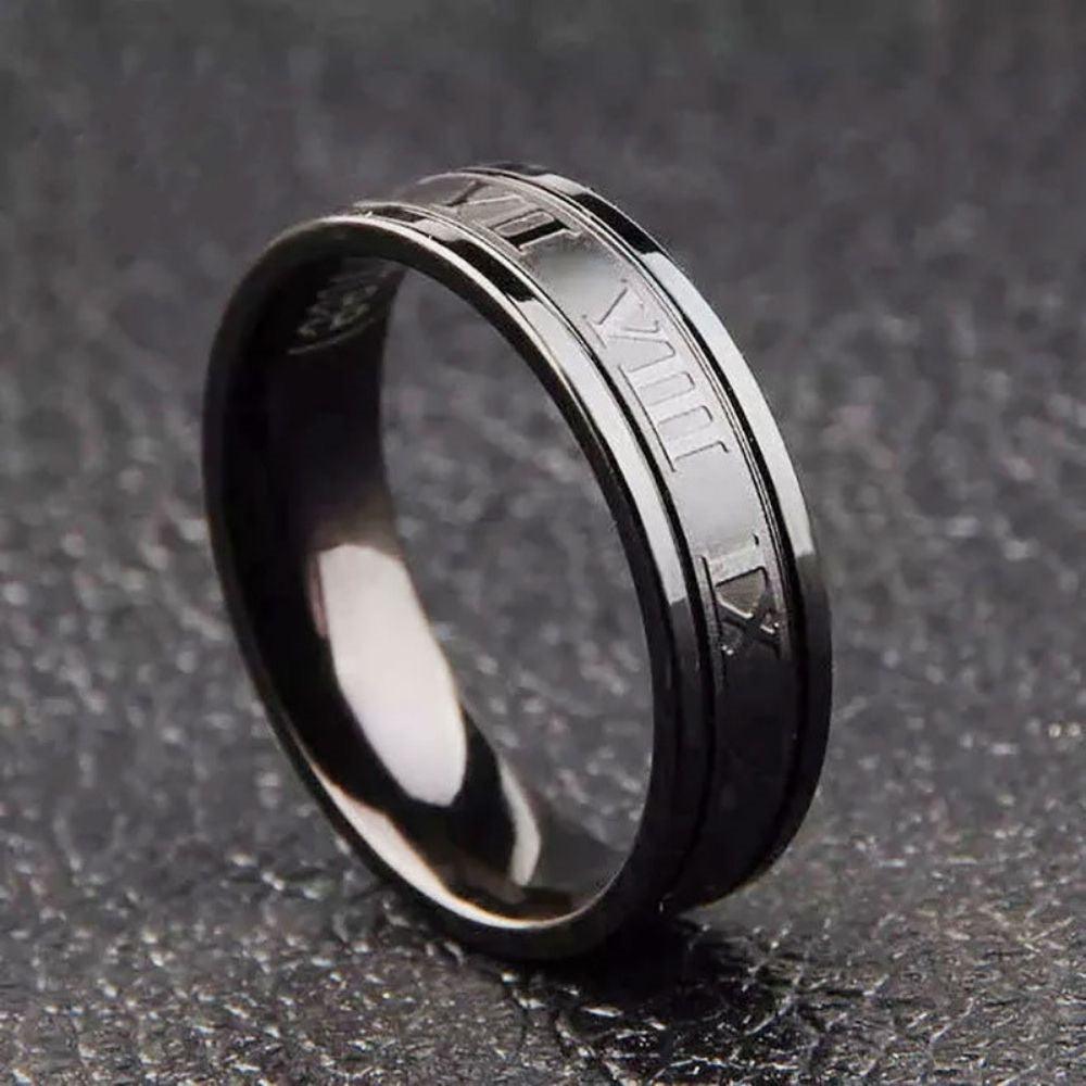Black Roman numeral Steel stainless Band Ring .