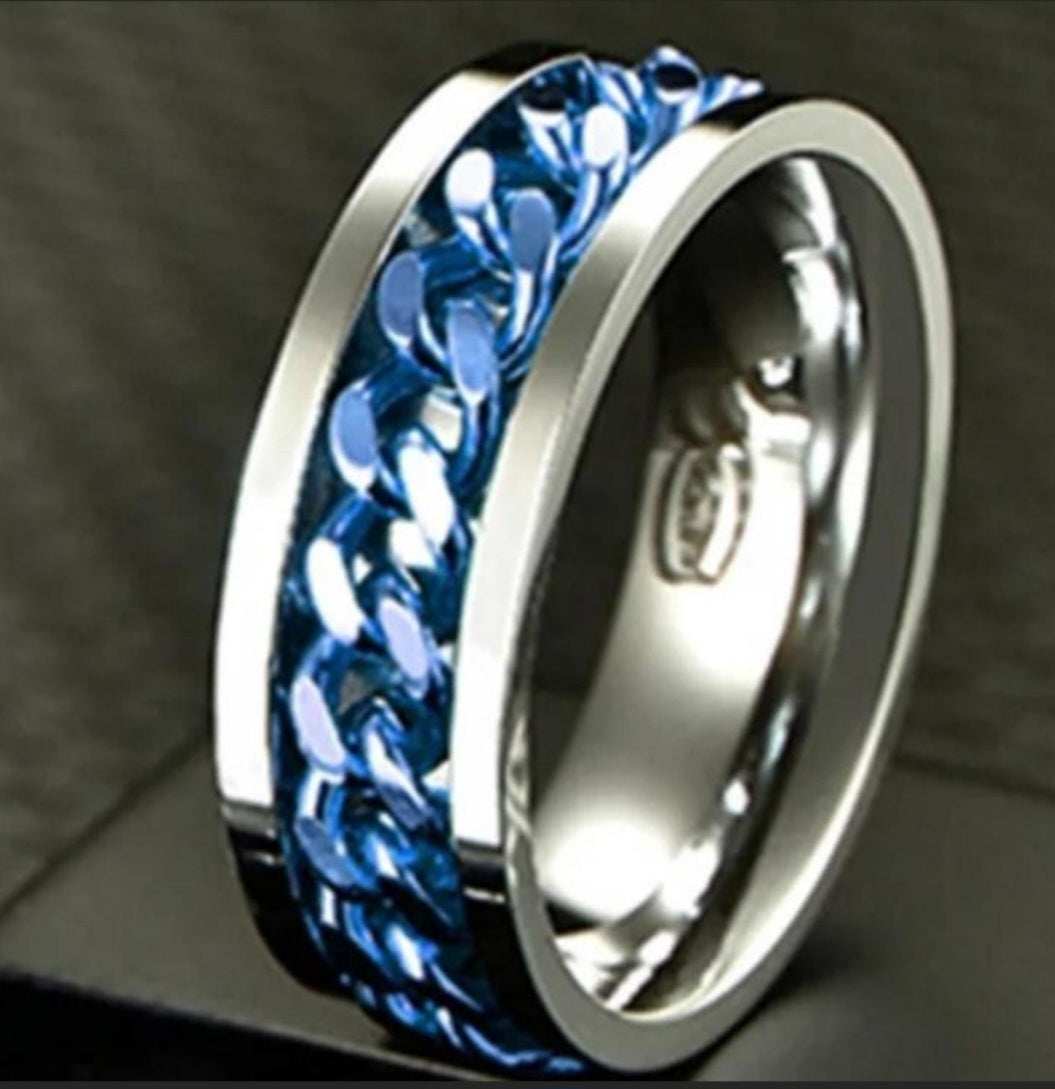 Blue and silver fidget stainless steel Band Ring .