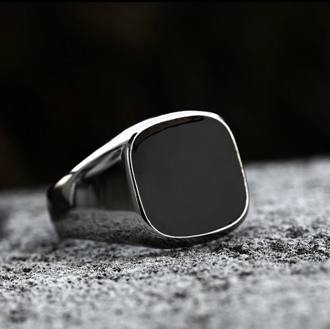 Siliver Onyx Signet Stainless Steel Ring .