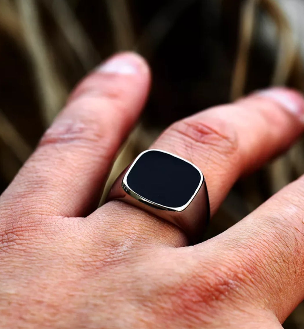 Siliver Onyx Signet Stainless Steel Ring .