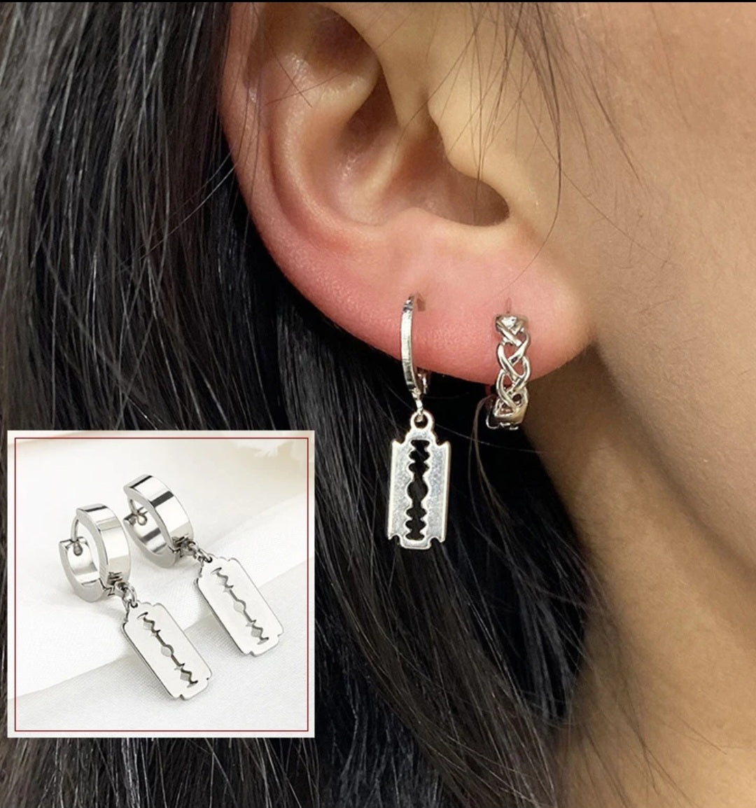Stainless Steel Huggie Hoop Earrings with Razor Blade