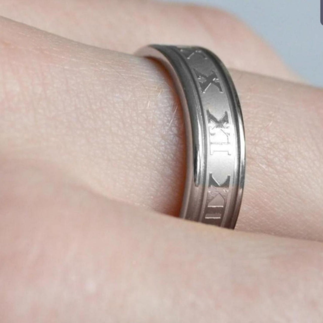 Siliver Roman numeral Number stainless Steel Band Ring .