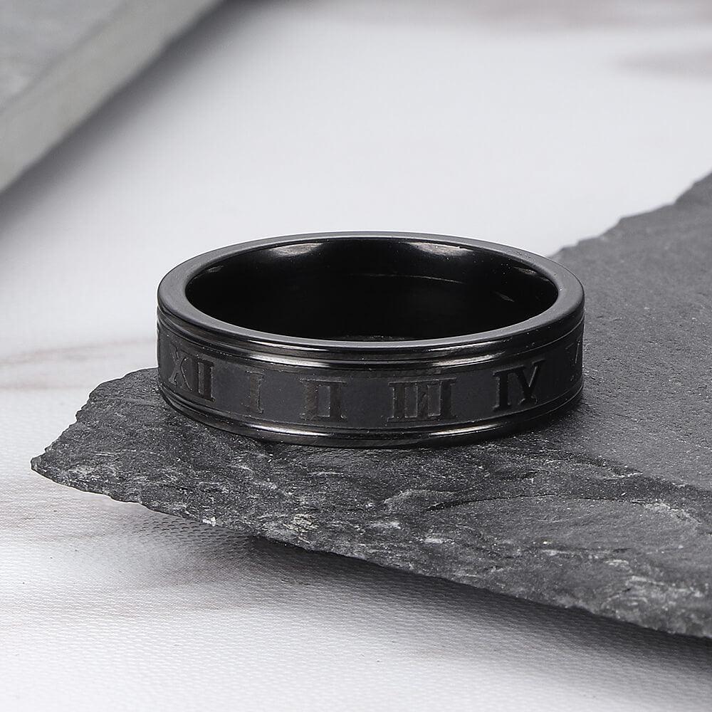 Black Roman numeral Steel stainless Band Ring .