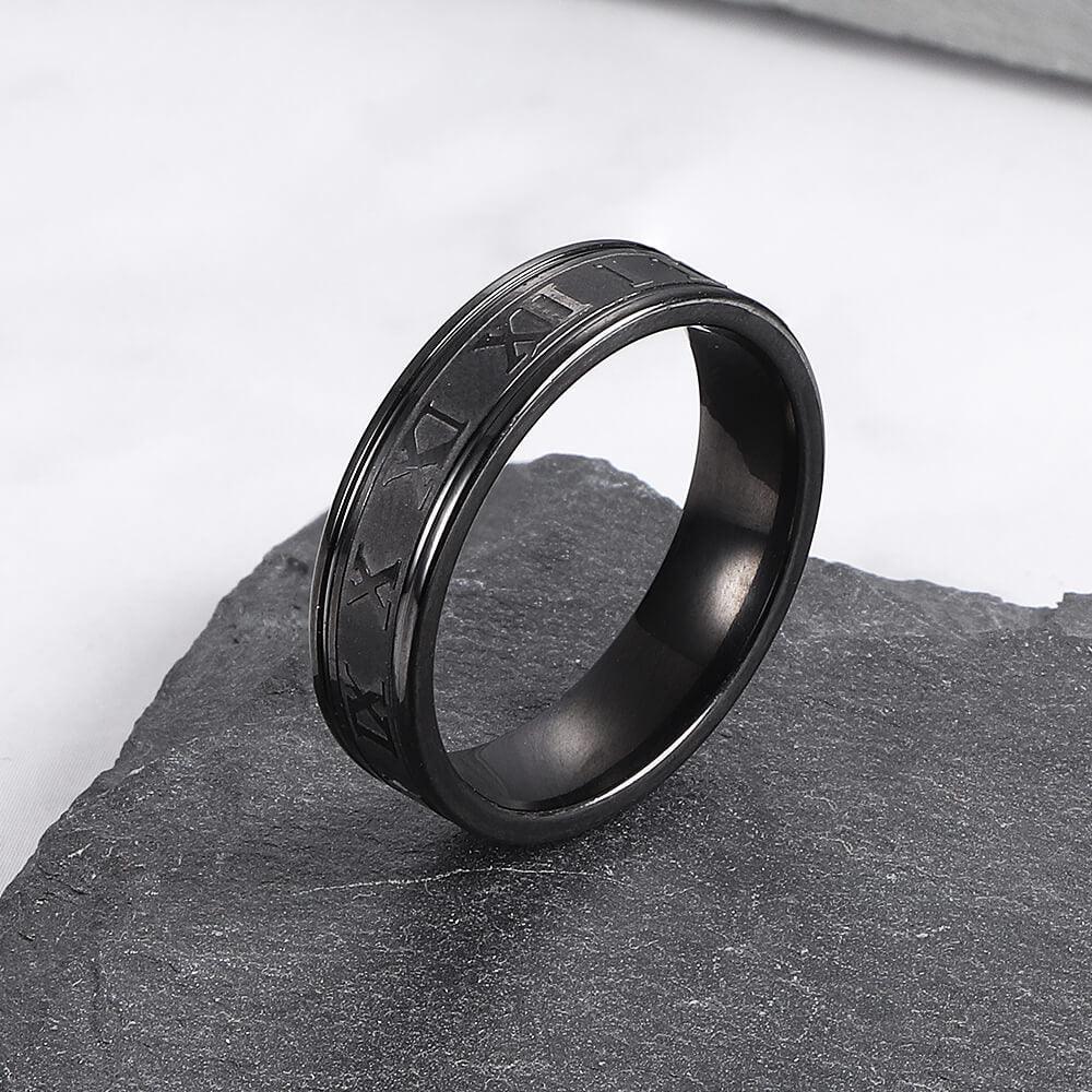 Black Roman numeral Steel stainless Band Ring .