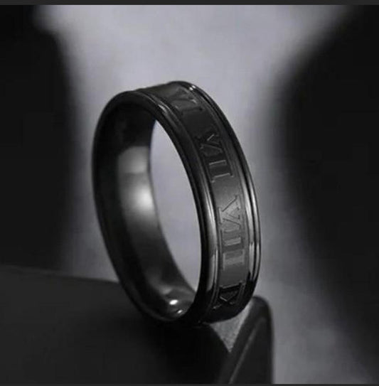 Black Roman numeral Steel stainless Band Ring .