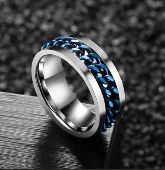 Blue and silver fidget stainless steel  Band Ring .