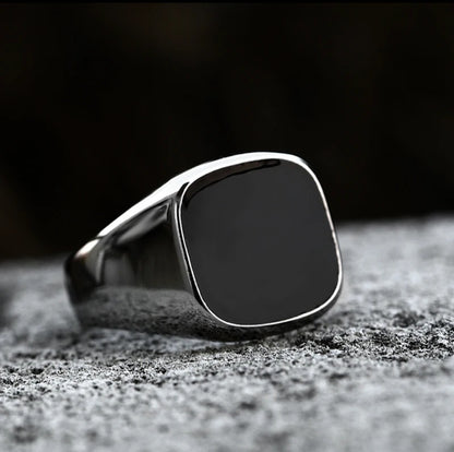 Siliver Onyx Signet Stainless Steel Ring .