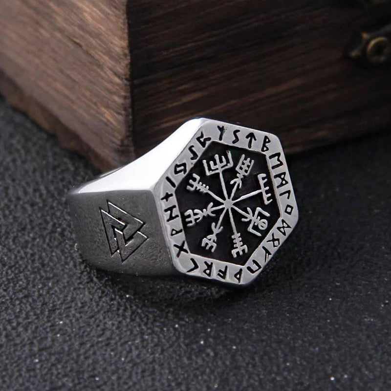 VEGVISIR RUNED COMPASS RING - STAINLESS STEEL