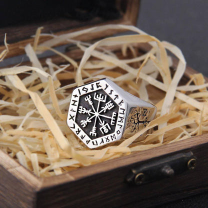 VEGVISIR RUNED COMPASS RING - STAINLESS STEEL